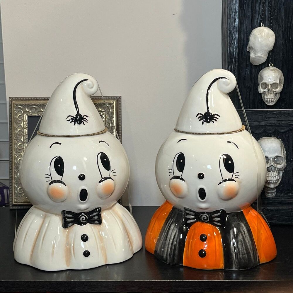 Johanna Parker Halloween Vintage White and Orange Black Striped Ghost Canisters